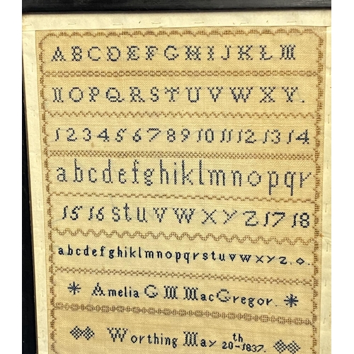 433 - Amelia MaCregor, sampler, dated 1837;  after W Owen, colour print, The Fortune Teller 51 x 41 framed... 