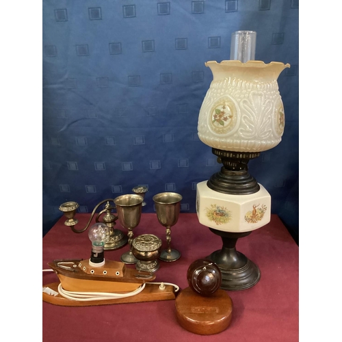 473 - A collection of misc items, to include Salter balance scales, silver plated items, oil lamp and a wo... 