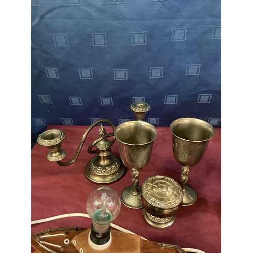 473 - A collection of misc items, to include Salter balance scales, silver plated items, oil lamp and a wo... 