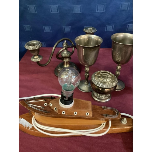 473 - A collection of misc items, to include Salter balance scales, silver plated items, oil lamp and a wo... 