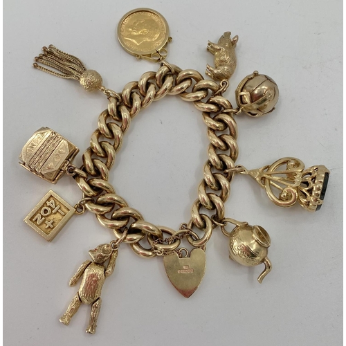 48 - 9ct gold curb link charm bracelet set throughout with 9ct gold and 2 unmarked yellow metal charms, s... 