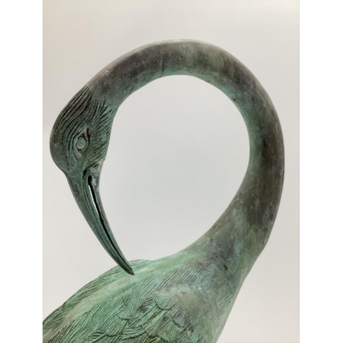 482 - A pair of decorative Verdigris metal cranes, tallest 108cmH