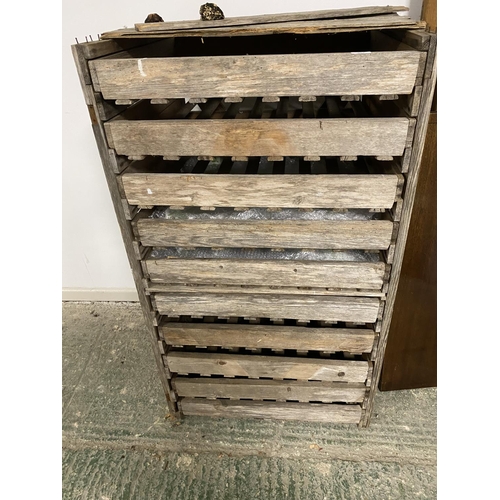 492 - Old vintage wooden apple rack, as found. Dimensions: 68 cm wide x 62 cm depth x 118 cm height