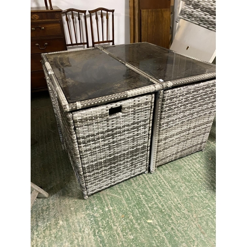 504 - GARDEN FURNITURE: grey faux rattan/all weather garden table and chair cube set, comprising a table w... 