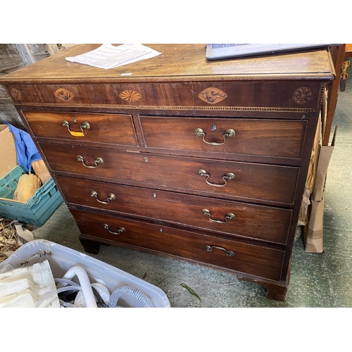 525 - Victorian mahogany chest of 2 short over 3 long drawers, raised on bracket feet, inlaid to top panel... 