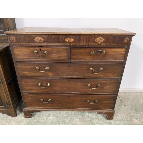 525 - Victorian mahogany chest of 2 short over 3 long drawers, raised on bracket feet, inlaid to top panel... 