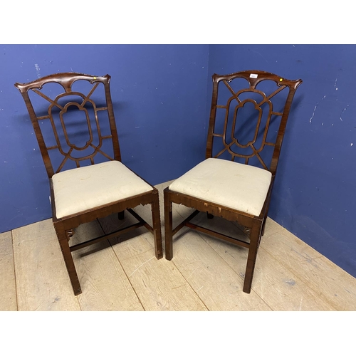 537 - Pair of mahogany Chinese style cock spur backed chairs with inset cream upholstered seat