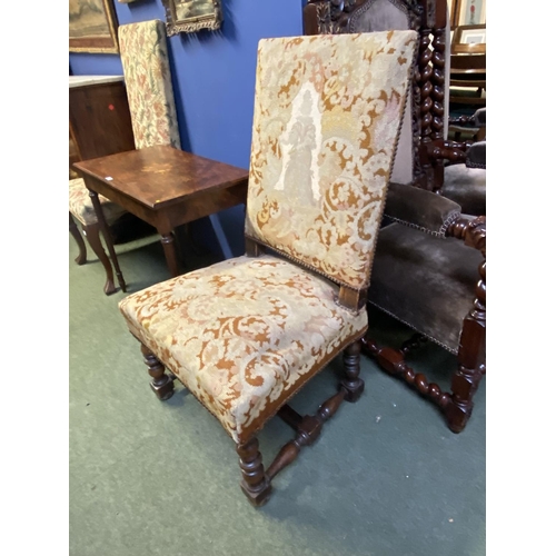 538 - Pair of crewel/tapestry upholstered high backed side chairs, and a high backed chair upholstered tap... 