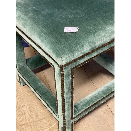 543 - A contemporary square framed blue velvet and brass studded stool