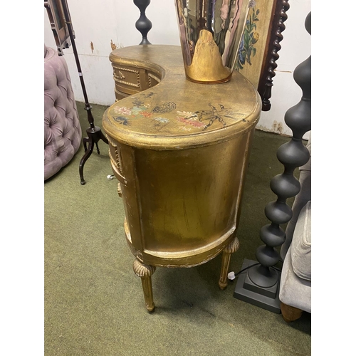 559 - A ladies decorative gilt painted small kidney shaped dressing table, Shabby Chic worn style, 104cmL