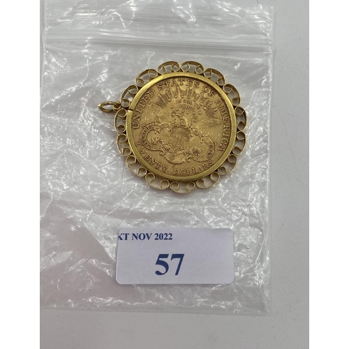 57 - A $20 gold coin, 1902, in a 9ct gold pendant mount, 39.26g