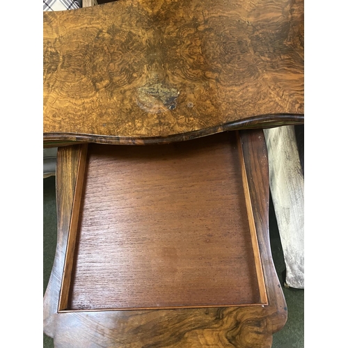 578 - Two very similar Victorian burr walnut fold over serpentine topped card tables, with green baize int... 