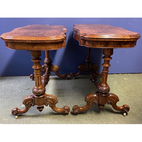 578 - Two very similar Victorian burr walnut fold over serpentine topped card tables, with green baize int... 