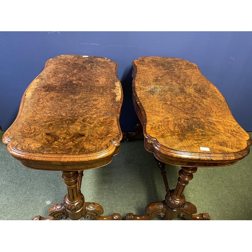 578 - Two very similar Victorian burr walnut fold over serpentine topped card tables, with green baize int... 