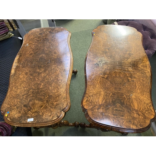 578 - Two very similar Victorian burr walnut fold over serpentine topped card tables, with green baize int... 