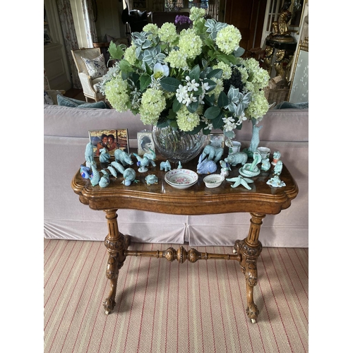 578 - Two very similar Victorian burr walnut fold over serpentine topped card tables, with green baize int... 