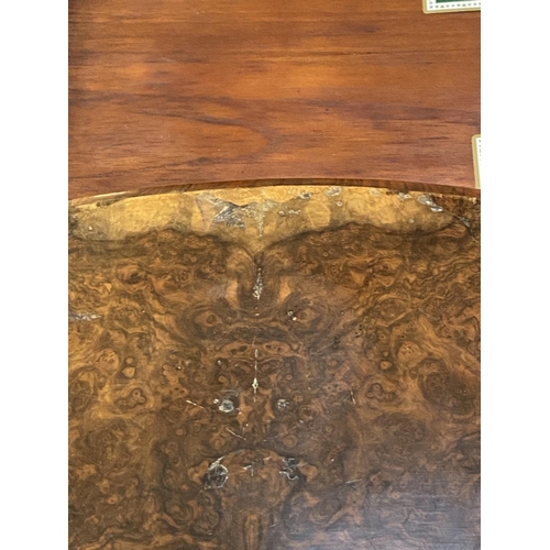 578 - Two very similar Victorian burr walnut fold over serpentine topped card tables, with green baize int... 