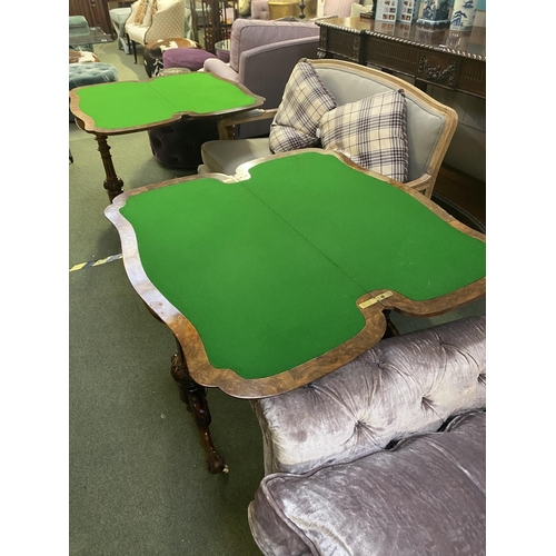 578 - Two very similar Victorian burr walnut fold over serpentine topped card tables, with green baize int... 