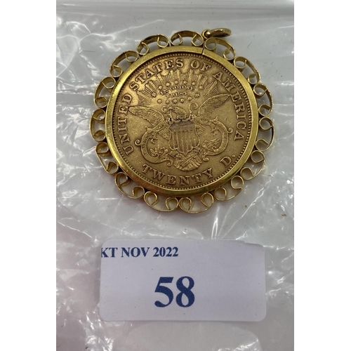 58 - A $20 gold coin 1874 in a 9ct pierced bezel mount 39.32g