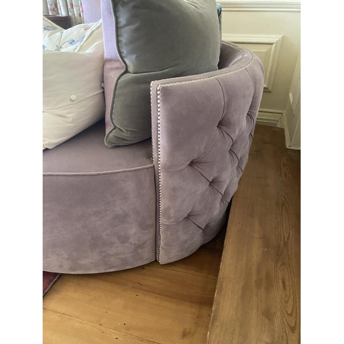 582 - Large circular purple/mauve velvet, buttoned backed and brass studded chair , with 3 small matching ... 