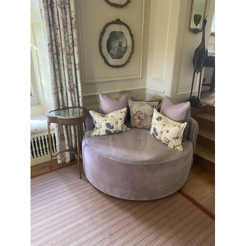 582 - Large circular purple/mauve velvet, buttoned backed and brass studded chair , with 3 small matching ... 