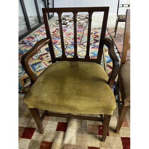 594 - Set of 4, plus an associated arm chair, mahogany and string inlaid dining chairs with slat back and ... 