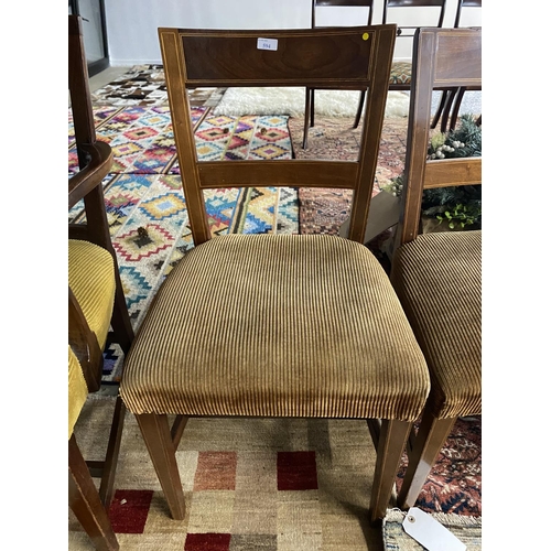 594 - Set of 4, plus an associated arm chair, mahogany and string inlaid dining chairs with slat back and ... 