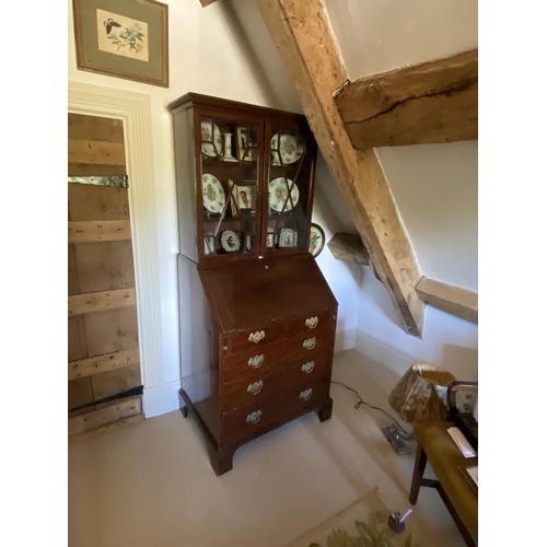 595 - Mahogany bureau of four graduated drawers, with glazed bookcase over, 78cm W, general wear