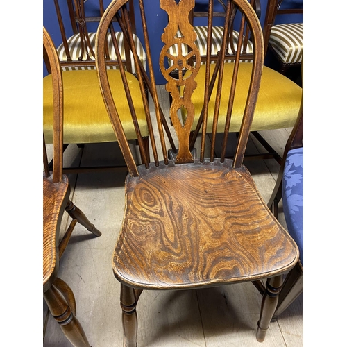 607 - Set of four Regency mahogany dining chairs (3 + carver), upholstered with overstuffed striped silk s... 