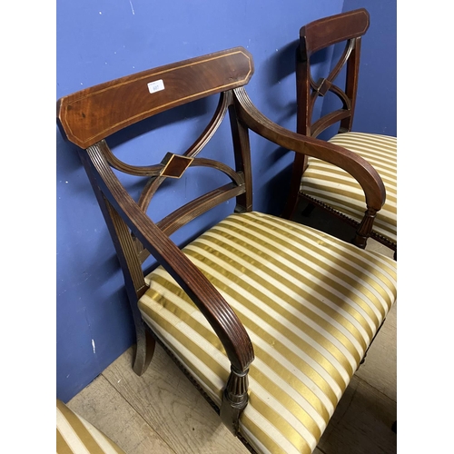 607 - Set of four Regency mahogany dining chairs (3 + carver), upholstered with overstuffed striped silk s... 