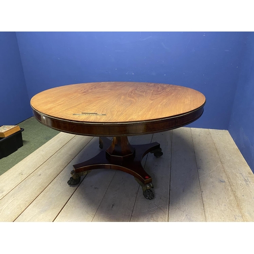 614 - A good Regency mahogany and rosewood circular snap top dining table, with brass edgings, on an octag... 