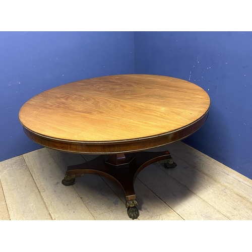 614 - A good Regency mahogany and rosewood circular snap top dining table, with brass edgings, on an octag... 