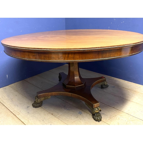 614 - A good Regency mahogany and rosewood circular snap top dining table, with brass edgings, on an octag... 