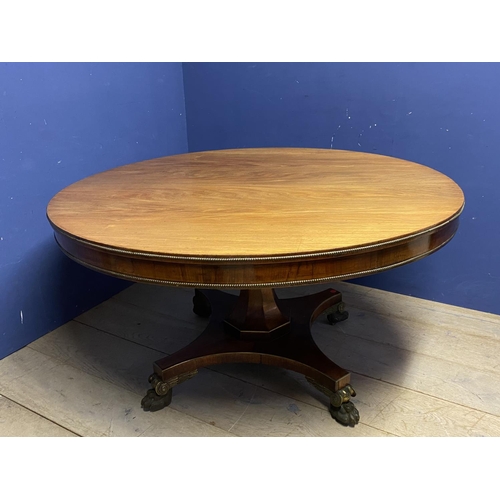 614 - A good Regency mahogany and rosewood circular snap top dining table, with brass edgings, on an octag... 