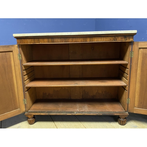 615 - A good Regency rosewood side cabinet with  adjustable shelves beneath a white marble top, 105cmL x 9... 