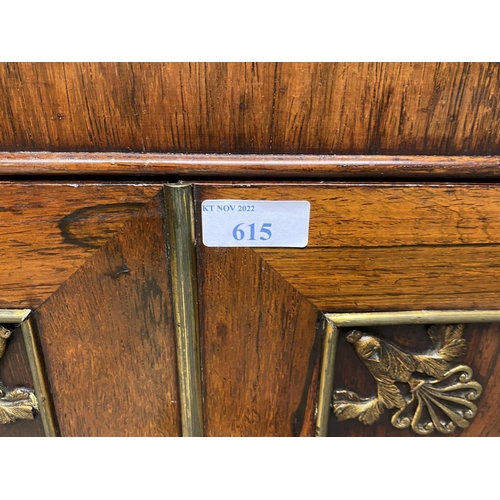 615 - A good Regency rosewood side cabinet with  adjustable shelves beneath a white marble top, 105cmL x 9... 