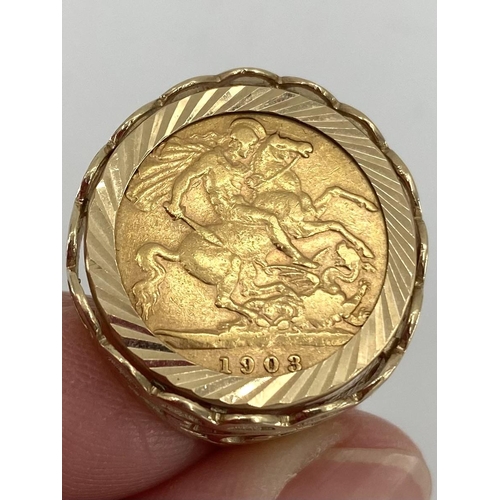 62 - Edwardian half sovereign signet ring in a 9ct gold mount, 8g size Q approx