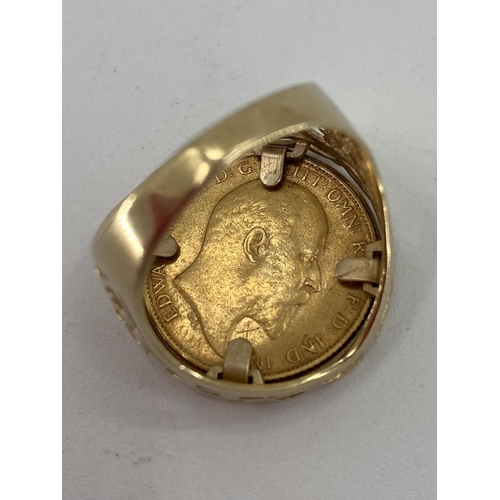 62 - Edwardian half sovereign signet ring in a 9ct gold mount, 8g size Q approx