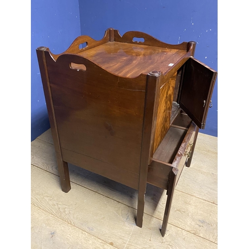 621 - A George III figured mahogany tray top commode, 64w x 85cmH  and a modern low tray top table on stan... 