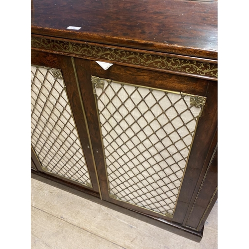 630 - Good Regency brass inlaid rosewood chiffonier with mirrored back below brass galleried shelf above a... 