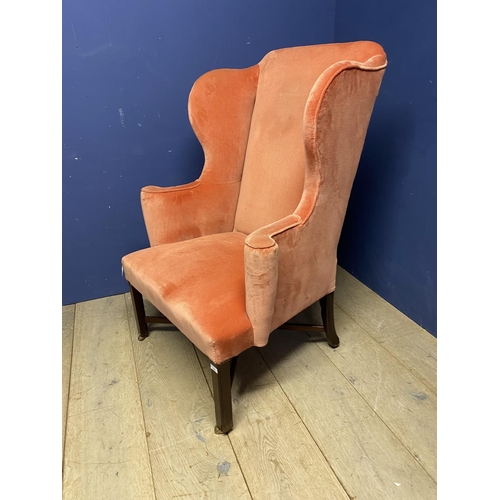 634 - A Georgian high wing backed arm chair upholstered in an orange velvet style fabric on mahogany legs ... 