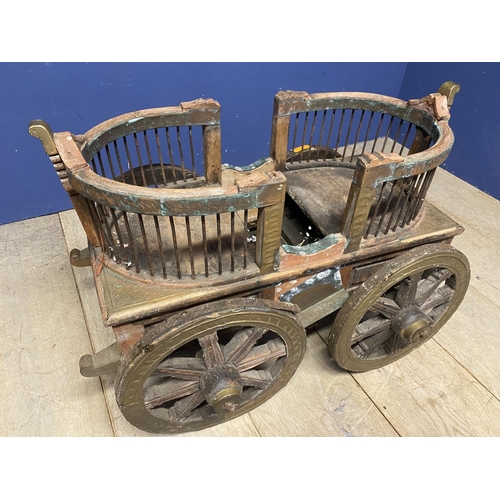 636 - Antique rustic twin perambulator, on 4 iron bound wheels