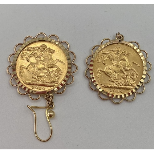 64 - Pair of Melbourne Mint George V gold Sovereigns, in 9 ct bezel mounts 19.18g