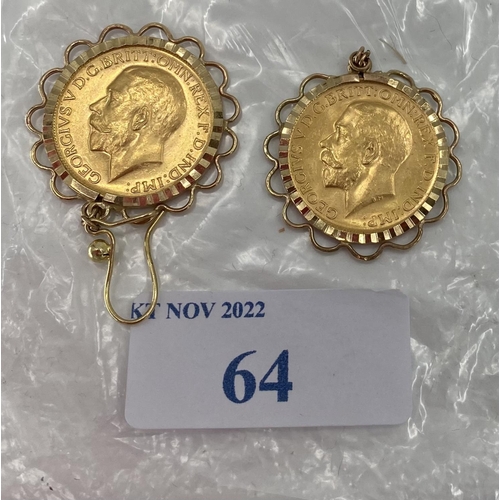 64 - Pair of Melbourne Mint George V gold Sovereigns, in 9 ct bezel mounts 19.18g