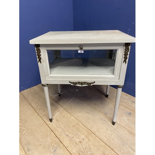 640 - Grey painted drop front, glazed cabinet on stand on tapered legs 68L x 79Hcm