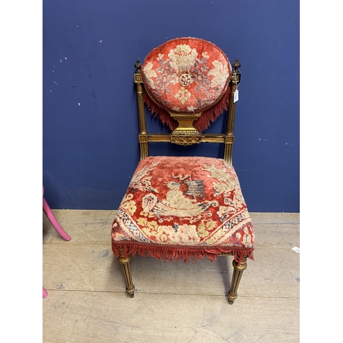 646 - Small  gilt and red patterned upholstered bedroom chair