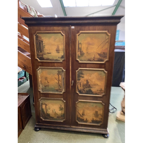 650 - Two door mahogany wardrobe with 6 inset panels images of Italian scenes, some wear, 130 W x 182cmH