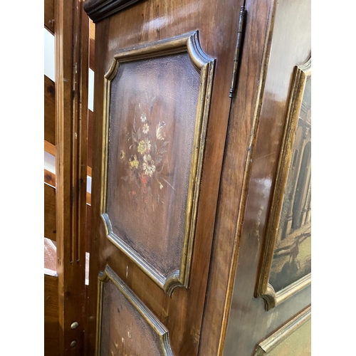 650 - Two door mahogany wardrobe with 6 inset panels images of Italian scenes, some wear, 130 W x 182cmH