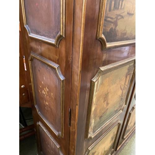 650 - Two door mahogany wardrobe with 6 inset panels images of Italian scenes, some wear, 130 W x 182cmH