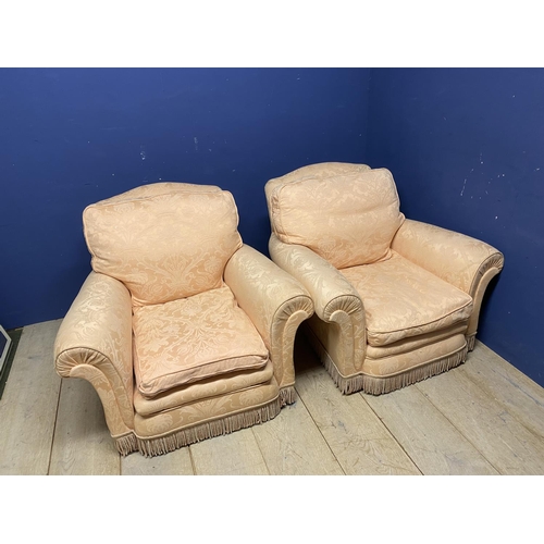 654 - Pair of good quality deep seated traditional arm chairs with loose cushions in soft peach upholstery